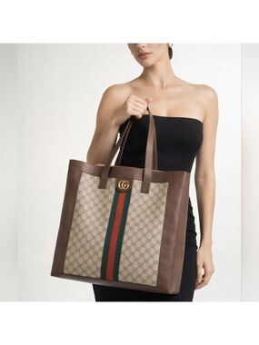 Gucci GG Supreme Ophidia Tote Bag Web Stripe Large Canvas Leather Handbag